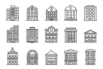 Set of office buildings with icons representing various business concepts