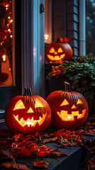 Obraz premium Jack-o'-lanterns glowing on a haunted porch at night.