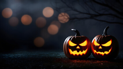Jack o lantern on dark smokey background. minimal halloween banner, background with copy space