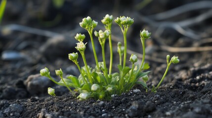 Tiny white flowers bloom on a small plant.