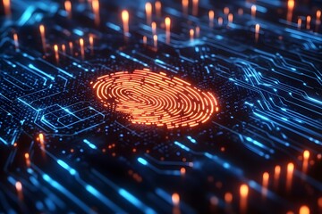 A computer chip with a fingerprint on it. Concept of security and data protection.