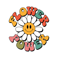 Retro Flower Power Design with Smiling Daisy, vector flat illustration groovy style