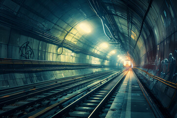 A tunnel with graffiti on the wall and a train in the middle