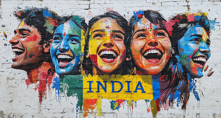 Graffiti image of Indian people in front of Indian Architecture with "India" written on it, Concept of celebrating Indian citizens and patriotism with modern art	