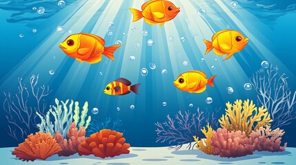 Naklejka premium A vibrant underwater scene with four yellow fish swimming above coral and seaweed.
