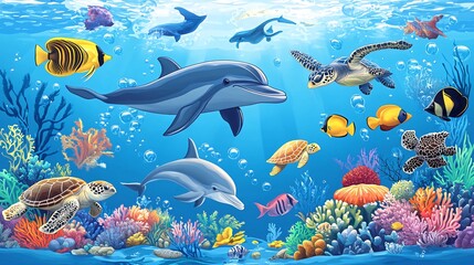 A vibrant underwater scene with dolphins, sea turtles, colorful fish, and coral reefs.