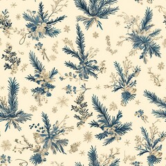 New Year, Christmas,Toile de Jouy style, seamless pattern with pine branches and presents. 