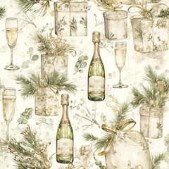 New Year, Christmas,Toile de Jouy style, seamless pattern with champagne glasses, bottles and gifts. 