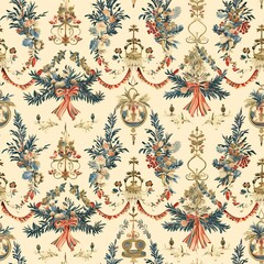 New Year, Christmas,Toile de Jouy style, seamless pattern with pine branches and presents. 