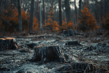 A tree stump is surrounded by dry grass and leaves