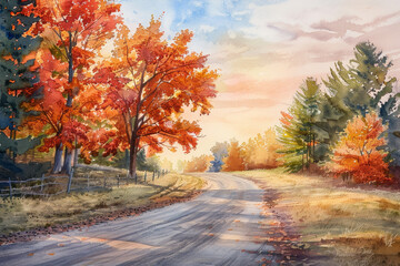 A painting of a road with trees in the background