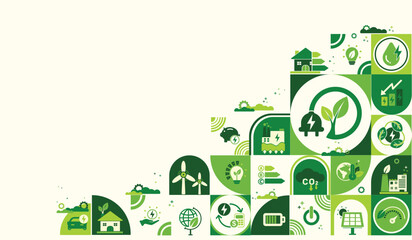 Renewable, green energy, energy efficiency and save energy web banner with icons. Eco house, Sustainable industrial factory. Energy efficient rating class, Green Building for Sustainable Development.