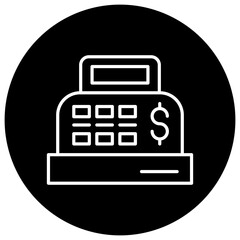 A simple illustration of a cash register with a display screen and buttons.