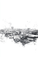 Rumbek, South Sudan, black and white pen pencil hand-drawn effect portrait drawing illustration for travel poster, card, wallpaper, backdrop or banner. Modern, clear, artistic and simple