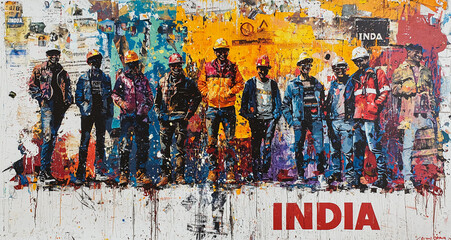 Fototapeta premium Graffiti image of Indian workforce in front of Indian Architecture with 
