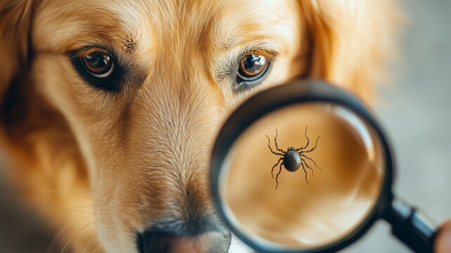Tick under magnifying glass against background of a dog, concept of parasite control, veterinary care, tick season.