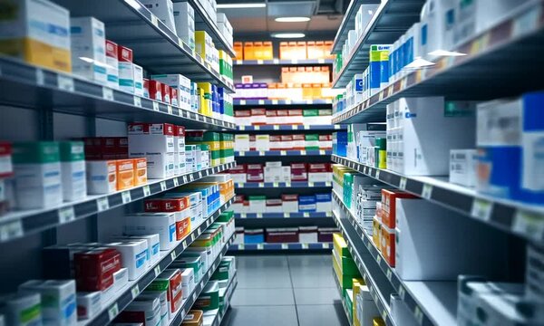 Pharmacy Aisle with Colorful Medicine Boxes