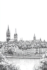 Naklejka premium Saarbrcken, Germany, black and white pen pencil hand-drawn effect portrait drawing illustration for travel poster, card, wallpaper, backdrop or banner. Modern, clear, artistic and simple