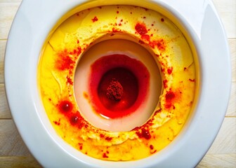 Close-up of a toilet bowl showing bright red blood mixed with yellowish feces, indicating possible gastrointestinal