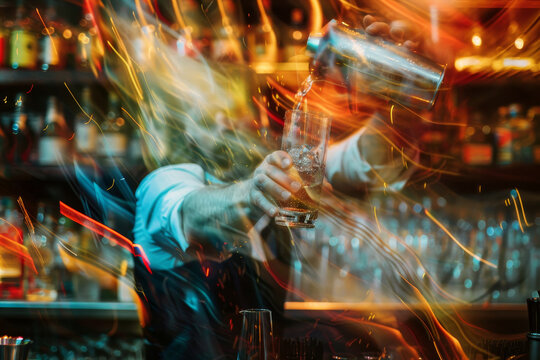 A bartender is pouring a drink into a glass