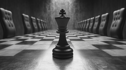 A striking chess king piece stands prominently on chessboard, surrounded by elegant chairs