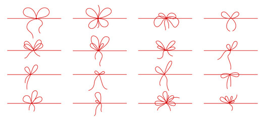 Line gift ribbon border. Red bow gift ribbons minimal line set. Elegant holiday packaging, festive present. Outline frame border sketch. Hand drawn doodle stroke isolated vector illustration.