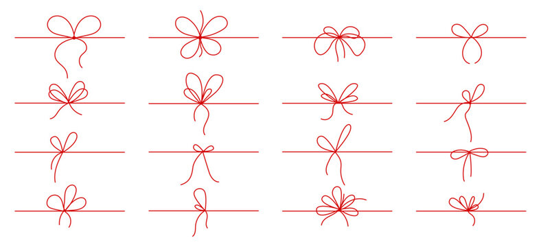 Line gift ribbon border. Red bow gift ribbons minimal line set. Elegant holiday packaging, festive present. Outline frame border sketch. Hand drawn doodle stroke isolated vector illustration.