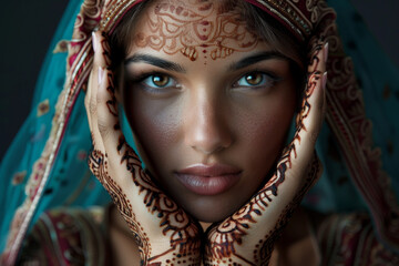 Obraz premium A woman with green eyes and brown skin wearing a blue and red scarf