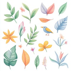 A vibrant collection of illustrated leaves, flowers, and a charming bird, perfect for nature-themed designs.