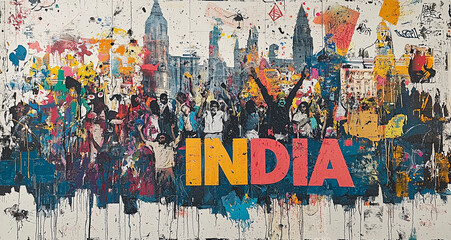 Obraz premium Graffiti image of Indian people in front of Indian Architecture with 