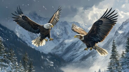 Obraz premium Two Bald Eagles Soaring Over Snowy Mountains