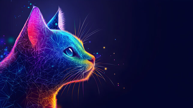 Colorful polygon style cat on dark background with space for text.