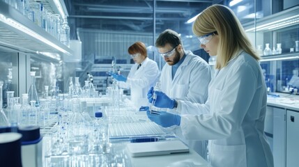 Close-up of a team of scientists in a focused and collaborative lab conducting experiments and sharing findings. Ai generated image