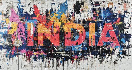 Graffiti image of the "India" written on a city wall, Concept of celebrating Indian citizens and patriotism with modern art	