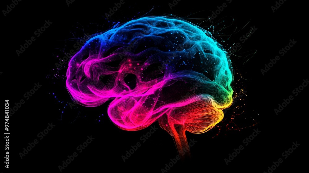 Poster Colorful digital rendering of a brain on black background, abstract neural concept
