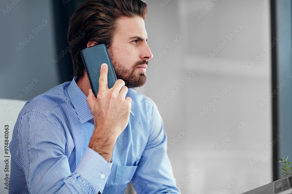 Poster business, phone call and man in office, chatting and communication with network, mobile user and con