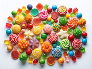 Fototapeta premium Colorful array of iconic sweets logos, including swirl-patterned treats, gummy bears, and striped mints, arranged