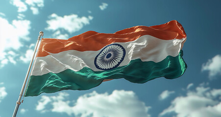 Stock image of free flying Indian tri-color flag isolated on a clear sky background, concept of developing India and it's presence in the global front