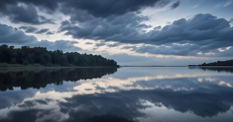 Dramatic cloudy sky mirrored on a serene lake at dusk, creating a tranquil and atmospheric landscape scene. 