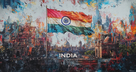 Graffiti image of free flying Indian tri-color flag on a city wall, concept of developing India and it's presence in the global front