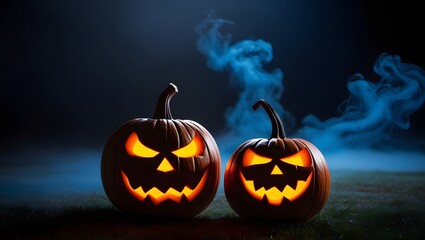 Jack o lantern on dark smokey background. minimal halloween banner, background with copy space