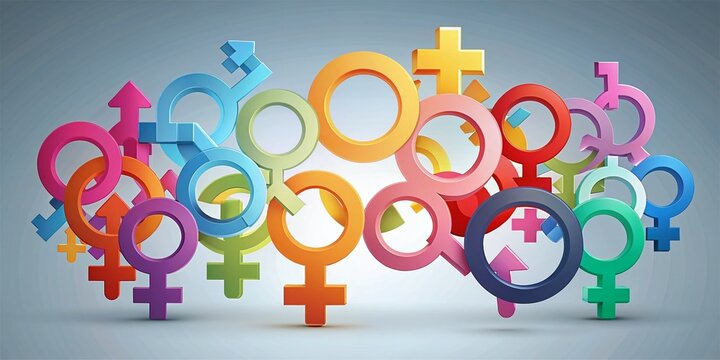 Colorful gender icons with male and female symbols blended together in harmony, conveying unity, equality, and
