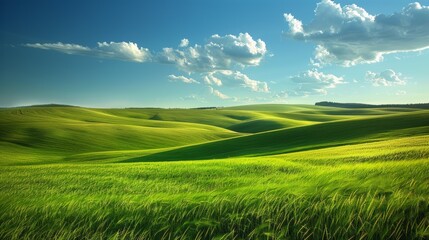 Fototapeta premium An idyllic landscape featuring lush green hills that are bathed in warm sunlight with fluffy scattered clouds above