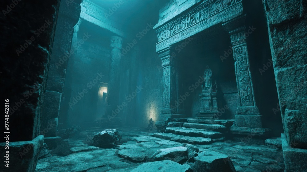 Poster Eerie, Fog-Filled Ancient Stone Temple Hallway