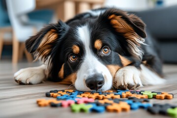 Mental Stimulation for Shepherd Dogs visualized in a brain-training infographic, focusing on games, puzzles, and tasks that engage a shepherd dog's mind