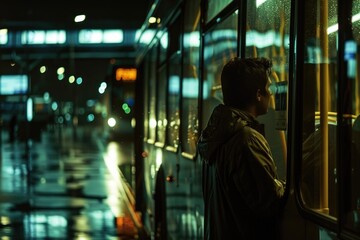 Naklejka premium A person waiting at a bus stop under the streetlights at night