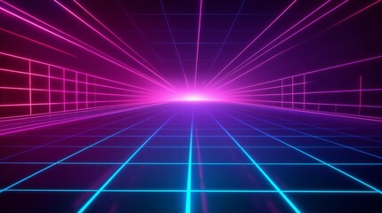 Neon futuristic grid with pink and blue lines converging towards a glowing horizon