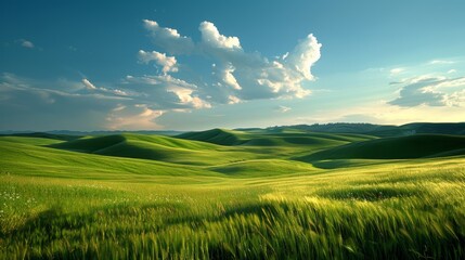 Obraz premium An idyllic landscape featuring lush green hills that are bathed in warm sunlight with fluffy scattered clouds above