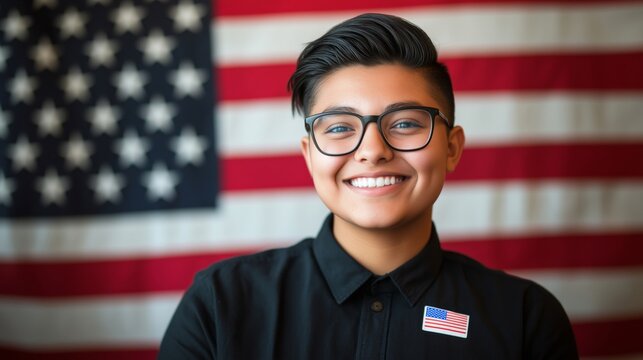 Smiling young person with glasses wearing an American flag sticker, standing in front of a U.S. flag.