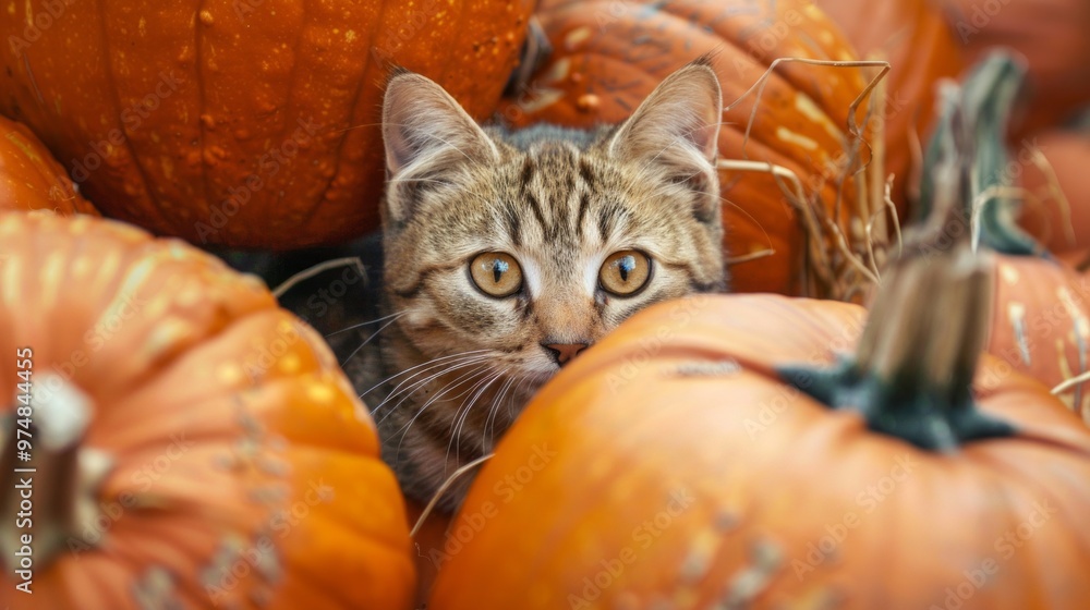 Wall mural a cat is hiding in a pile of pumpkins